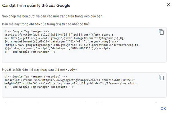 2 mã Code của vùng chứa (container) google tag manager